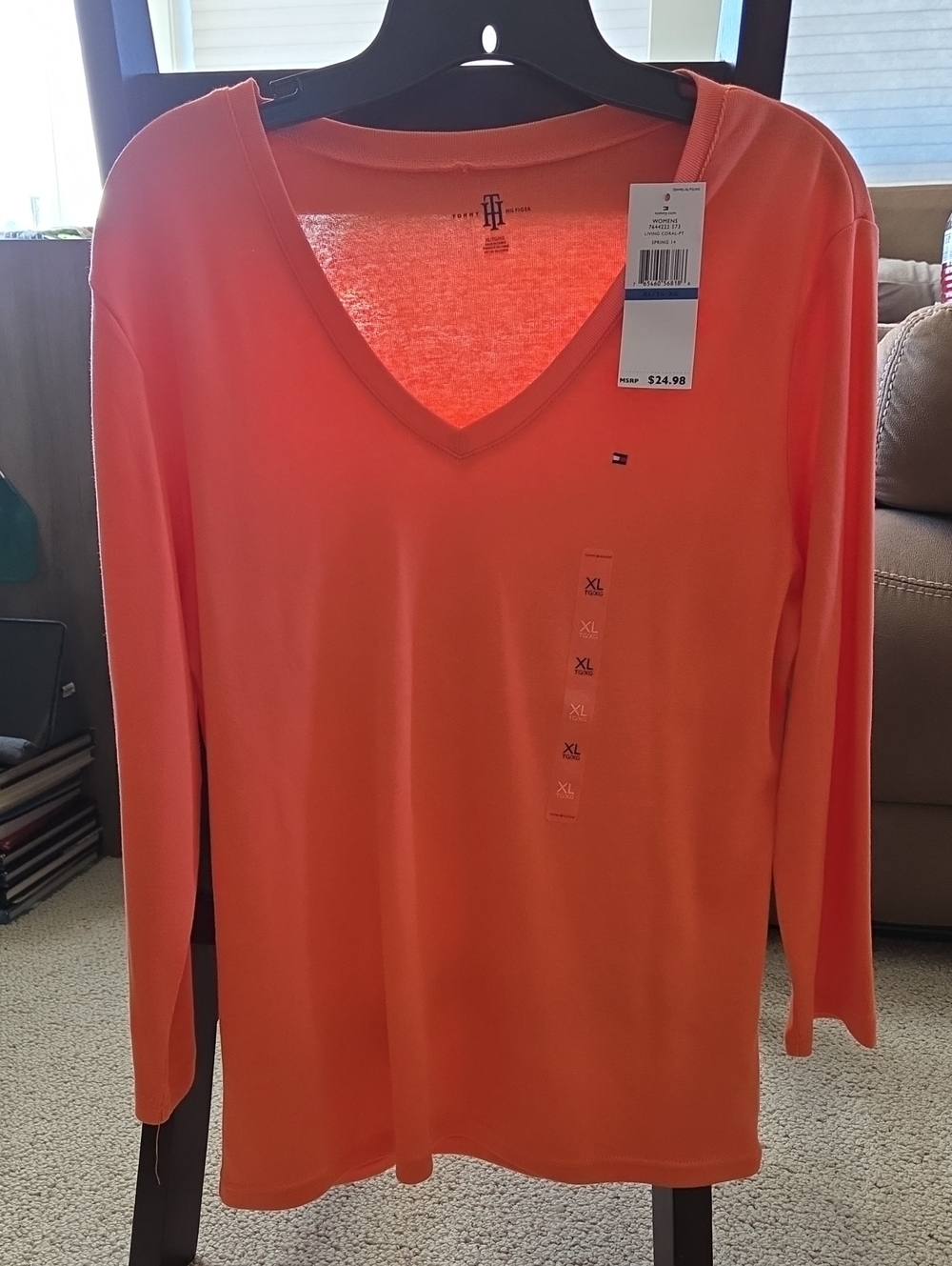Tommy Hilfiger XL Orange V-Neck Long Sleeve Top